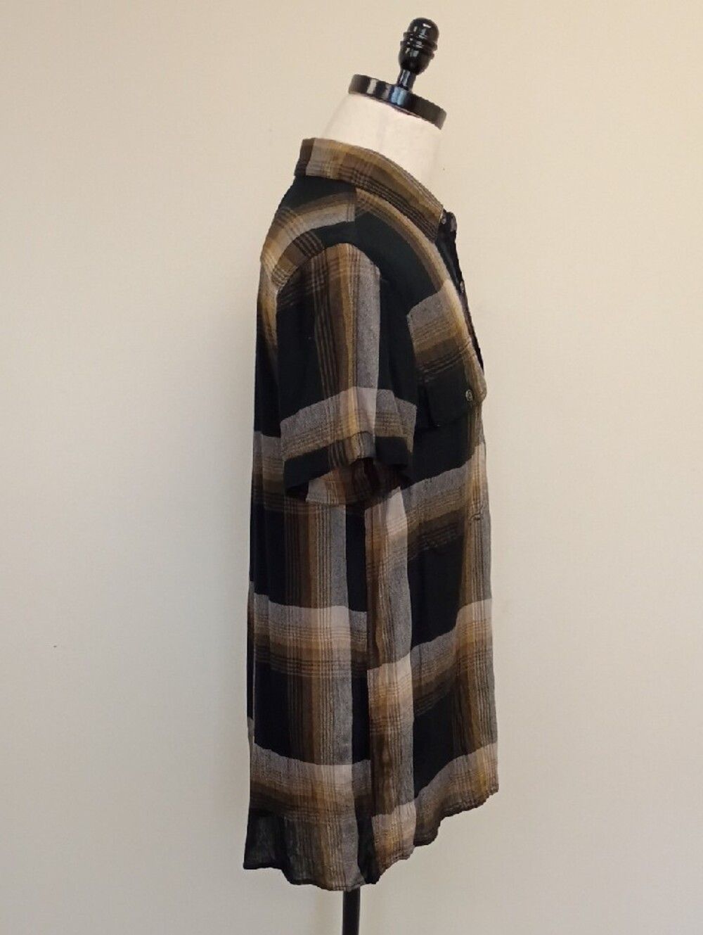 Treasure & Bond Black Brown Plaid Rayon Button Shirt Size Small & Medium - Picture 4 of 9